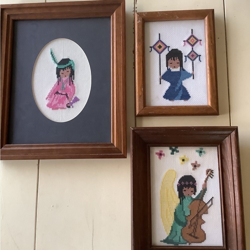 Vintage Native American Girl Child Feathers Framed Art